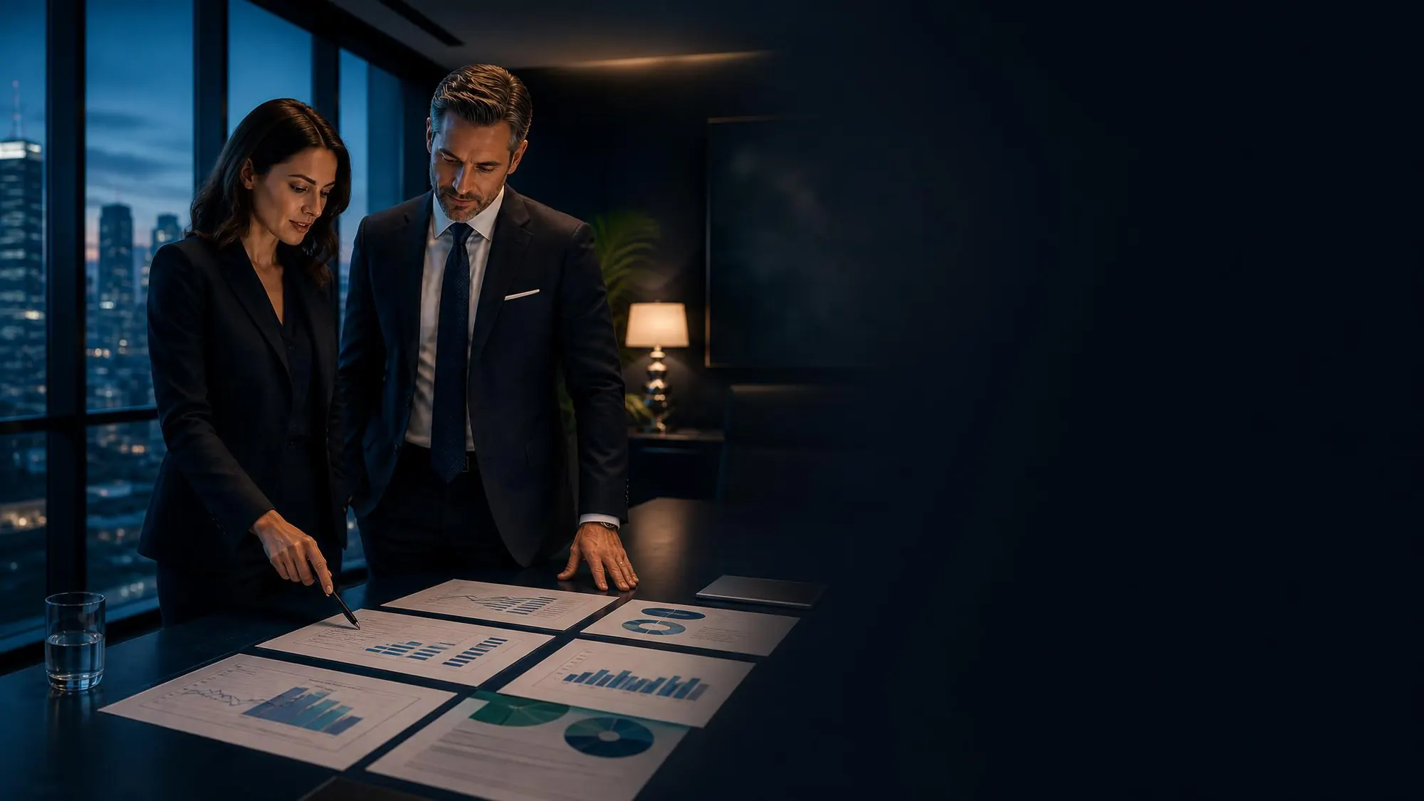 Equipo de Devise Finance analizando estados financieros y gráficos sobre la mesa